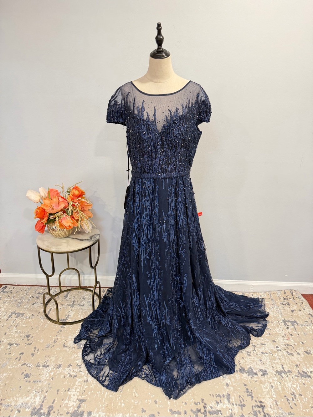 Mac Duggal Navy Embellished Beaded Mesh A-Line Prom Gown - Size 10